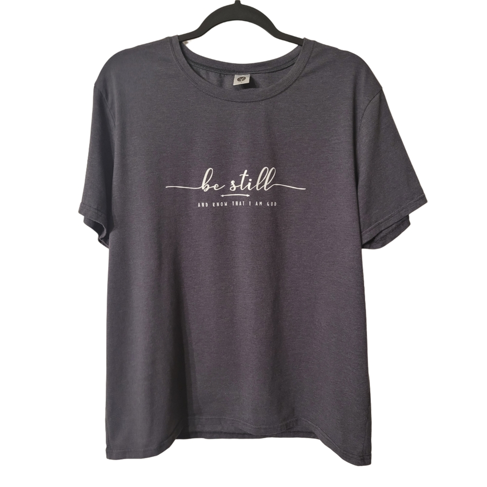 Gray Short Sleeve Christian Graphic Tee with Crew Neck Be Still Size XL